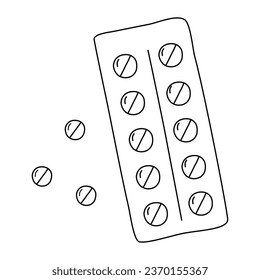 Comprimidos redondos o pastillas con divisor en blisters, contorno vectorial plano para coloración