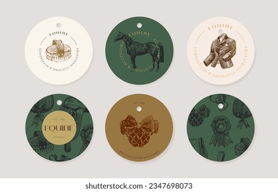 Round tag template design, equestrian shop product, hand drawn horse tack and harness, grooming product, classical vintage style