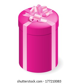 Round tall pink gift box with shiny light pink bow on white background