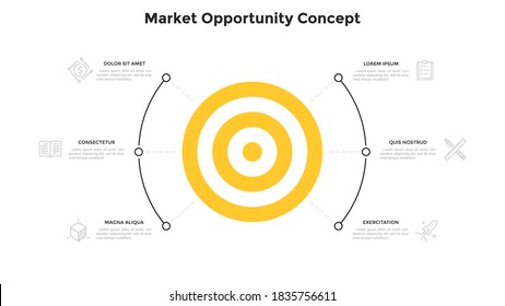 Round target chart with 6 elements. Concept of six market opportunities or stages of marketing strategy. Modern infographic design template. Simple flat vector illustration for business presentation.