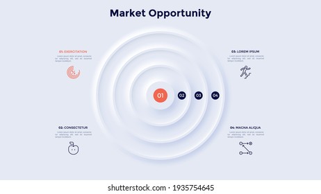 Round Target Chart With Four Rings. Concept Of 4 Market Opportunities, Aims Or Objectives Of Business Plan. Neumorphic Infographic Design Template. Modern Clean Vector Illustration For Presentation.