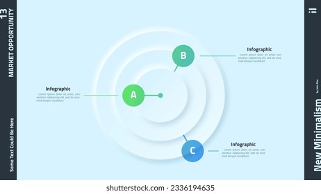 Round target chart with three rings. Concept of 3 market opportunities, aims or objectives of business plan. Neumorphic infographic design template. Modern clean vector illustration for presentation.