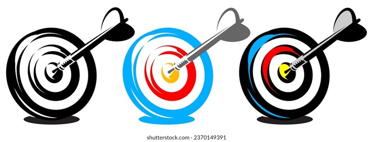 A round target with dart sticking out in the center. Set of vector templates with different colors.
