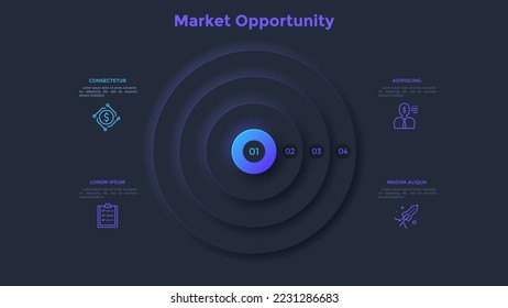 Round target diagram with four rings glowing in darkness. Concept of 4 market opportunities. Dark neon realistic infographic design template. Modern vector illustration for business data analysis.