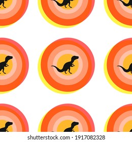 Round target with a dinosaur. Memphis festive ogange circle or button on white background. Geometric psychedelic background. Memphis style, pop art - Vector illustration