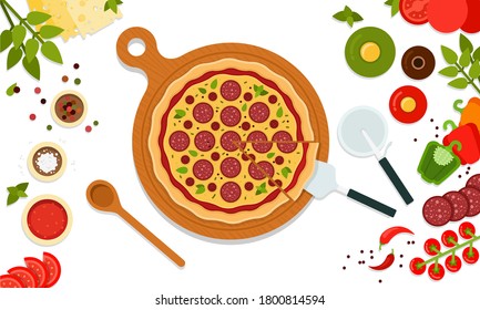 Round tasty pizza pepperoni. Vector illustration in flat design. Popular fast food. Pizza with a top view.