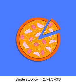 Round tasty pizza with tomatoes, sausage and pepper in flat style. vector illustration of sliced pizza isolated on white background. Set of different pizza top view