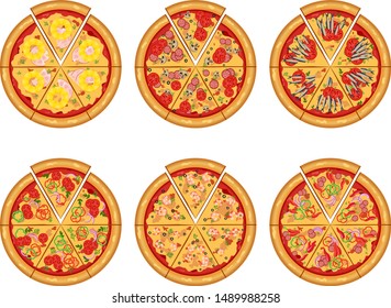 Round tasty pizza. Vector illustration of pizza Mexican, Hawaiian, Seafood, Mushroom.