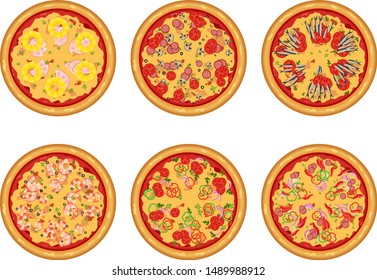 Round tasty pizza. Vector illustration of pizza Mexican, Hawaiian, Seafood, Mushroom.