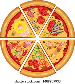 Round  tasty pizza. Vector illustration of pizza Mexican, Hawaiian, Seafood, Mushroom.