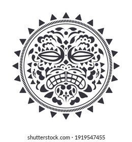 Round Tattoo in Hawaiian or Polynesian style. Mask of the gods. Traditional tribal ornament. Handmade. Vector illustration.