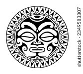 Round tattoo ornament with sun face maori style. African, aztecs or mayan ethnic mask. Black and white.