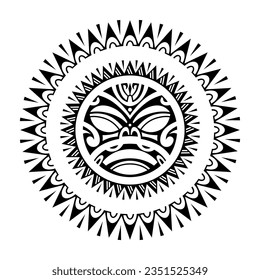 Round tattoo ornament with sun face maori style. African, aztecs or mayan ethnic mask. Black and white.