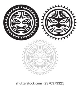 Round Tattoo Ornament With Sun Face Maori Style Vector Illustration. African, Aztecs Or Mayan Ethnic Mask