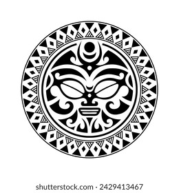 Round tattoo ornament with sun face maori style. African, aztecs or mayan ethnic mask. Black and white.