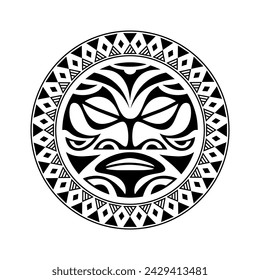 Round tattoo ornament with sun face maori style. African, aztecs or mayan ethnic mask. Black and white.