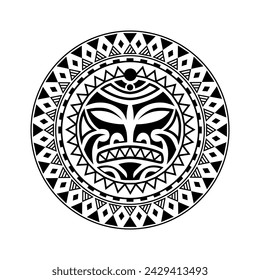 Round tattoo ornament with sun face maori style. African, aztecs or mayan ethnic mask. Black and white.