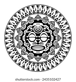 Round tattoo ornament with sun face maori style. African, aztecs or mayan ethnic mask. Black and white.