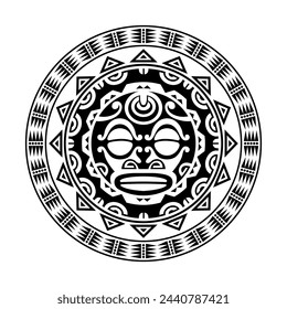 Adorno de tatuaje redondo con cara de sol estilo maorí. Máscara étnica africana, azteca o maya. Blanco y negro.