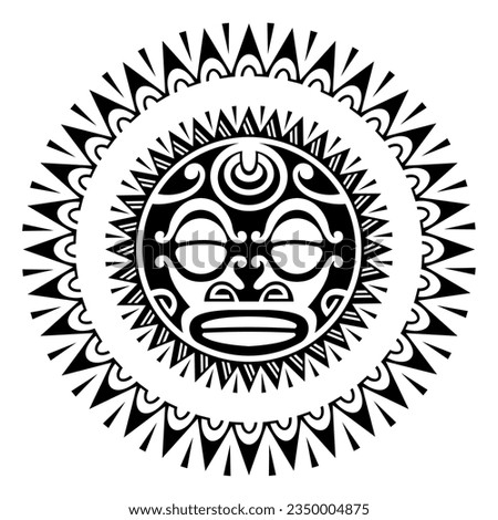 Round tattoo ornament with sun face maori style. African, aztecs or mayan ethnic mask. Black and white.