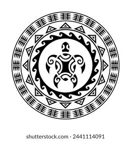 Round tattoo ornament with turtle maori style. African, aztecs or mayan ethnic style. Black and white.