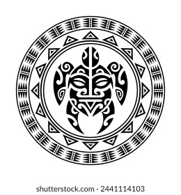 Round tattoo ornament with turtle maori style. African, aztecs or mayan ethnic style. Black and white.