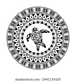 Round tattoo ornament with turtle maori style. African, aztecs or mayan ethnic style. Black and white.