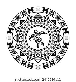 Round tattoo ornament with turtle maori style. African, aztecs or mayan ethnic style. Black and white.