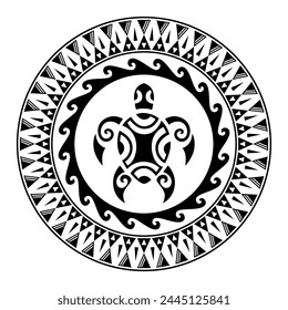 Adorno de tatuaje redondo con estilo maorí tortuga. Africanos, aztecas o de etnia maya. Blanco y negro.