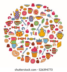 Round tea sweets bakery candy doodles vector set in circle