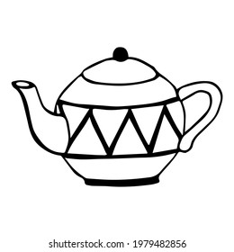 Round teapot with lid and geometric pattern. Hand drawn black doodle sketch table setting item. Morning tea brewing breakfast. Stock vector illustration isolated on white background.