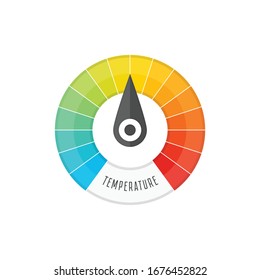 Round temperature gauge, isolated on white background. Colored measuring semicircle scale in flat style. Template of circle barometer or indicator. Vector illustration EPS 10.
