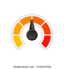 Medidor de la temperatura redonda, aislado sobre fondo blanco. Escala semicircular de medida coloreada en estilo plano. Ilustración de material vectorial.