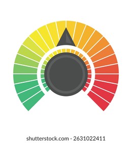 Round temperature gauge, isolated on white background. Colored measuring semicircle scale in flat style. Template of circle barometer or indicator.