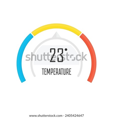 Round temperature gauge, isolated on white background. Colored measuring semicircle scale in flat style. 
