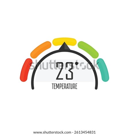 Round temperature gauge, isolated on white background. Colored measuring semicircle scale in flat style. Template of circle barometer or indicator. Vector illustration EPS 10.
