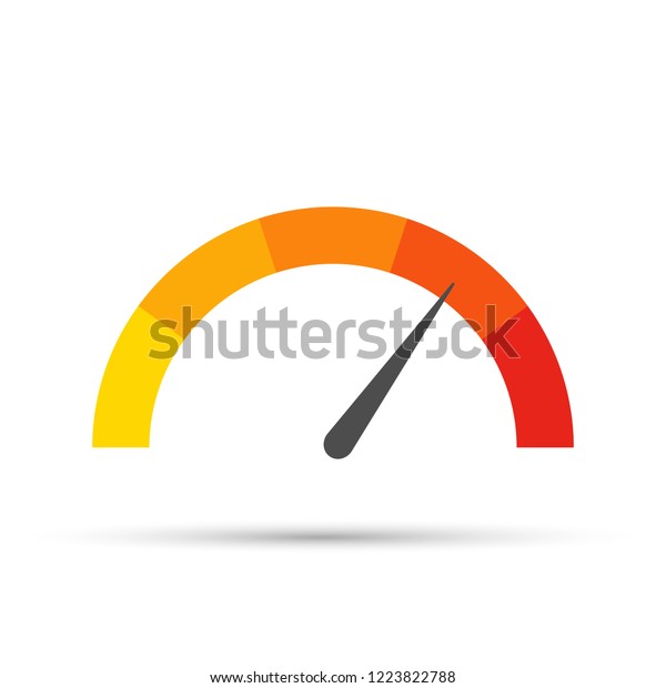 Round temperature gauge, isolated on white\
background. Colored measuring semicircle scale in flat style.\
Vector stock\
illustration.