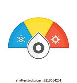 Round temperature gauge. Radial gauge scale from blue to red with arrow hand pointer.  Colored measuring semicircle scale. Vector EPS 10.