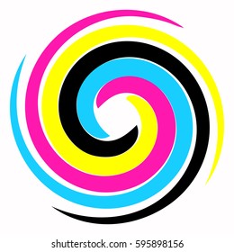 A Round Template For The Abstract Logo Of Four Multi-colored Curls. Universal Icon. Spiral-shaped Design Element. Color Model CMYK.