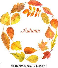 round template with autumn leaves drawing by watercolor, hand drawn vector elements