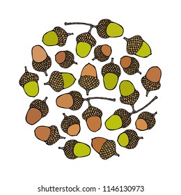 Round Template Background of Brown and Green Acorns. Autumn or Fall Vegetable Harvest Collection. Realistic Hand Drawn High Quality Vector Illustration. Doodle Style.
