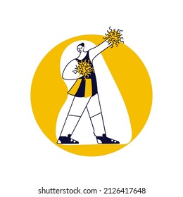 Round template with Cheerleader girl. Sportsman in modern outline minimal design. Flat Art Vector Illustration
