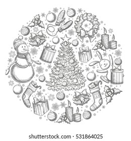 Round template with Christmas icons. Monochrome sketch style Christmas illustration for decoration. Vector.