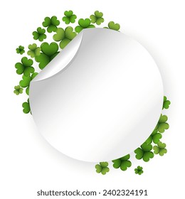 Round template with colorful clover leaves, shamrock, background for text. St. Patrick's day illustration, vector