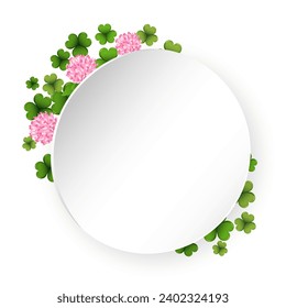 Round template with colorful clover leaves, shamrock, background for text. St. Patrick's day illustration, vector