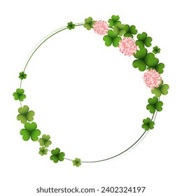 Round template with colorful clover leaves, shamrock, background for text. St. Patrick's day illustration, vector