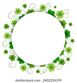 Round template with colorful clover leaves, shamrock, background for text. St. Patrick's day illustration, vector