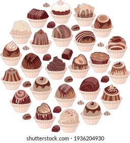 Plantilla redonda con confitería. Círculo con dulces de chocolate, quequitos y muffins. La ilustración estilizada se puede utilizar como plantilla de diseño para el menú de restaurante y café.