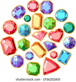 Round Template With Different Jewels. Circle With Gems, Rubies, Emeralds, Diamonds And Brilliants. Stylized Illustration Can Be Used As Fashion Design Template.