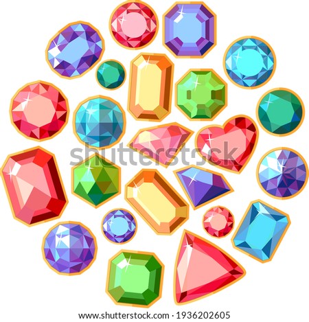 Round template with different jewels. Circle with gems, rubies, emeralds, diamonds and brilliants. Stylized illustration can be used as fashion design template.